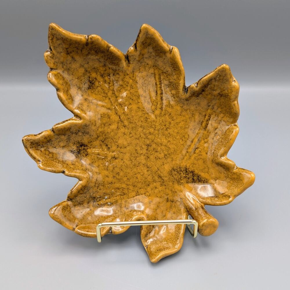 Vintage Ceramic Maple Leaf Dish Amber Yellow Brown Fall Decor Wall Plaque 7"